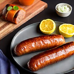 Sausages with lemon on a plate