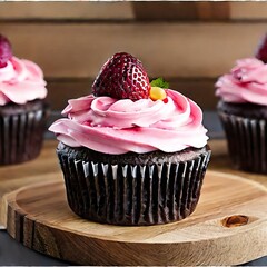 Cupcake with pink cream and Strawberry