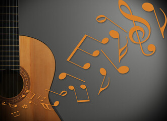 Music notes and other musical symbols flowing from acoustic guitar on grey background, closeup
