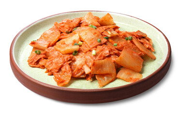 Plate of delicious kimchi with Chinese cabbage isolated on white