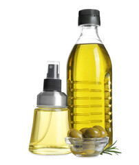 Bottles of cooking oil and olives on white background