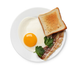 Tasty fried egg with toast and bacon in plate isolated on white, top view