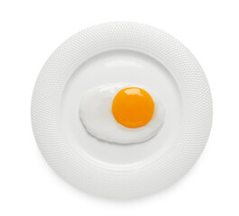 Plate with tasty fried egg isolated on white, top view