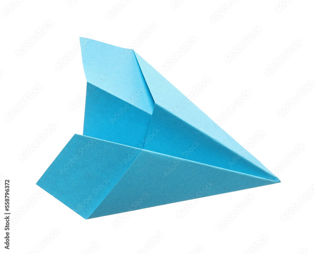 Poster Handmade light blue paper plane isolated on white