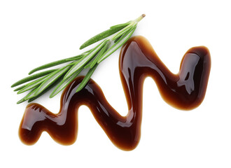Balsamic glaze and rosemary on white background, top view