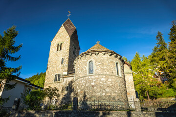 Fototapeta na wymiar Stone church in St Moritz, Engadine valley, Swiss Alps, Switzerland