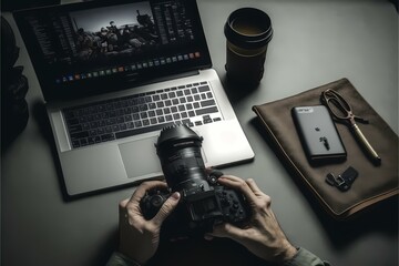 ﻿A person holding a camera and a laptop - Generative AI