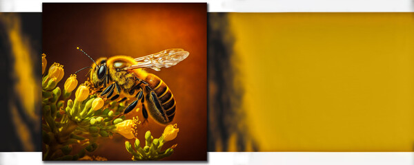 Honey bee in flower banner. Generative AI