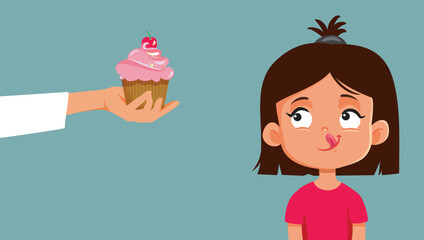 Little Girl Craving Dessert Vector Cartoon Illustration. Mom giving her daughter a delicious muffin treat
