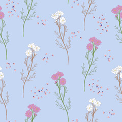 Floral chamomile blossom seamless pattern. Field daisy vector texture. Blooming botanical motifs scattered random. Ditsy print. Hand drawn artistic different wild meadow flowers on blue background