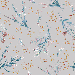 Fototapeta premium Floral blossom seamless pattern. Trendy field colorful vector texture. Blooming botanical motifs scattered random. Ditsy print. Hand drawn artistic different wild meadow flowers on grey background