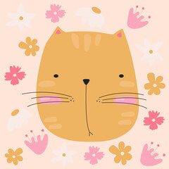 Cute vector illustration with a cat. Decorative abstract banner with colorful cat. Hand drawn modern illustration with cat and flowers. doodle style flowers and cat