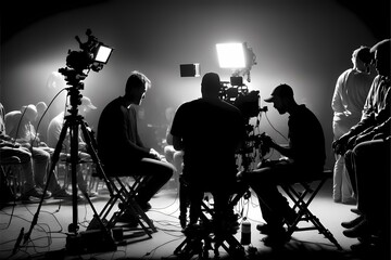 A group of people sitting around a camera - Generative AI