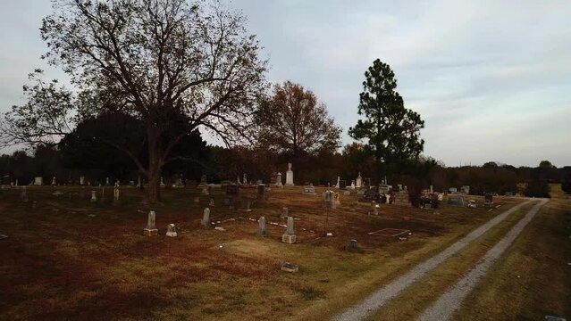 Drone shot view of graveyeard at morning. old cemetery in Tulsa, Oklahoma.