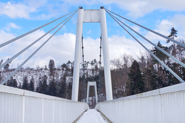 A white bridge with blue sky and white clouds during the winter season