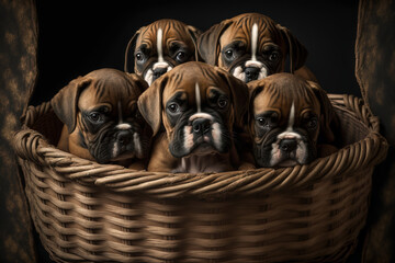  A wicker basket full of precious boxer puppies looking serious in need of a kind home.   An image of a pet dogs. Close up photo Created by AI Generative