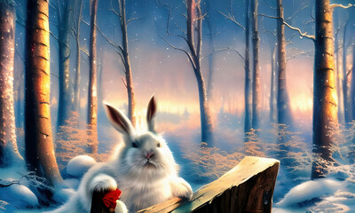 White bunny rabbit in a beautiful winter forest. An original, high quality, big size digital graphical work, mixed media. Based on AI generated image.