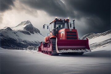 Bulldozer clearing snow during storm. Generative AI