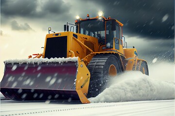 Bulldozer clearing snow during storm. Generative AI