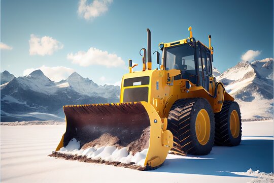Bulldozer clearing snow in mountains , sunny day. Generative AI