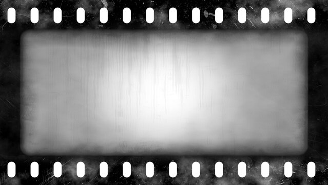 Vintage grunge film frame isolated on transparent background. Dirty gritty analog vignette border texture overlay in 8k 16:9 ratio. Corroded, scratched and streaked negative strip 3D rendering.