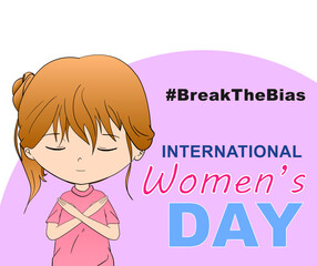 International Women's Day, Break The Bias. Girl with crossed hands on color background. Vector illustration