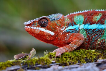 Furcifer pardalis, Panther chameleon, Chameleon pardálí, The panther chameleon (Furcifer pardalis) is a species of chameleon found in the eastern and northern parts of Madagascar in a tropical