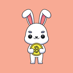 cute rabbit holding bitcoin cartoon mascot doodle art hand drawn outline concept vector kawaii icon illustration