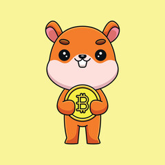 cute squirrel holding bitcoin cartoon mascot doodle art hand drawn outline concept vector kawaii icon illustration