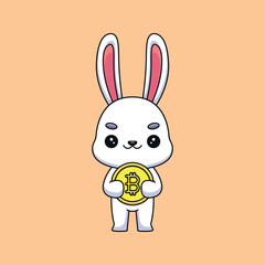 cute rabbit holding bitcoin cartoon mascot doodle art hand drawn outline concept vector kawaii icon illustration