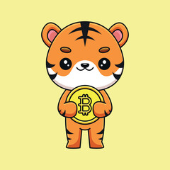 cute tiger holding bitcoin cartoon mascot doodle art hand drawn outline concept vector kawaii icon illustration