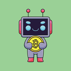 cute robot holding bitcoin cartoon mascot doodle art hand drawn outline concept vector kawaii icon illustration
