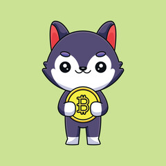 cute wolf holding bitcoin cartoon mascot doodle art hand drawn outline concept vector kawaii icon illustration