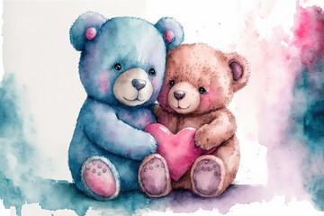 Two teddy bears holding a pink heart watercolor, Generative AI