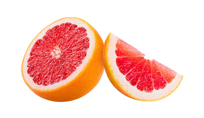 Ripe half of pink grapefruit citrus fruit on transparent png