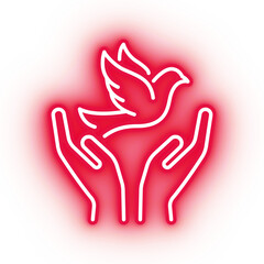 Neon red dove, flying bird icon on transparent background
