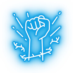 Neon blue fist, freedom fighter fist icon on transparent background