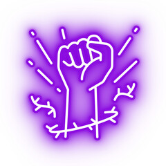 Neon purple fist, freedom fighter fist icon on transparent background