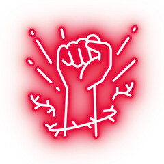 Neon red fist, freedom fighter fist icon on transparent background