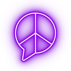Neon purple peace sign, peace speech icon on transparent background