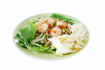 Pad Thai or Thai stir-fried noodles with prawns and vegetables, isolated 