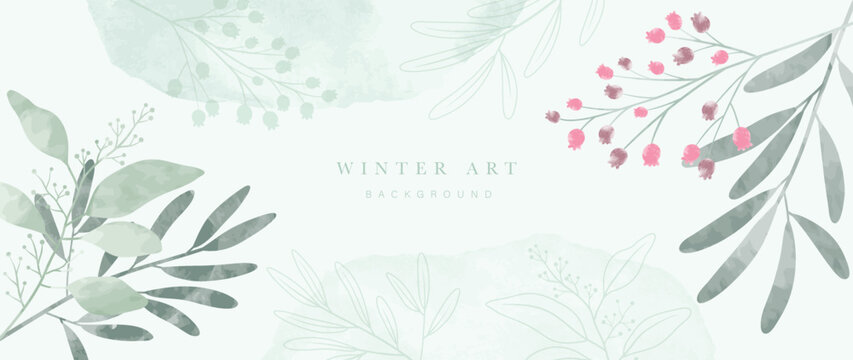 Winter botanical watercolor leaf branches background vector illustration. Hand painted watercolor winter wild foliage and line art texture. Design for poster, wallpaper, banner, card, decoration.