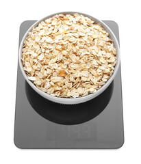Modern kitchen scale with bowl of raw oatmeal isolated on white