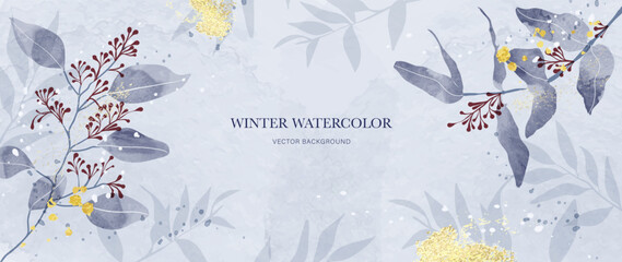 Winter botanical watercolor leaf branches background vector illustration. Hand painted watercolor winter wild foliage and gold brush texture. Design for poster, wallpaper, banner, card, decoration.