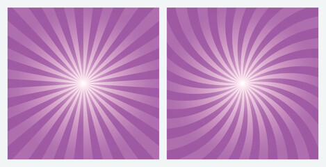 Violet Pink rays background. Light Yellow sunburst pattern background set. Radial and swirl retro style background  in pop art style. Vector Illustrations.