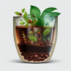 coffee cup with illustrative plants and coffee beans 