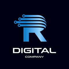 Letter R technology vector logo template. This design with dot symbol is suitable for industrial, automotive and energy, business.