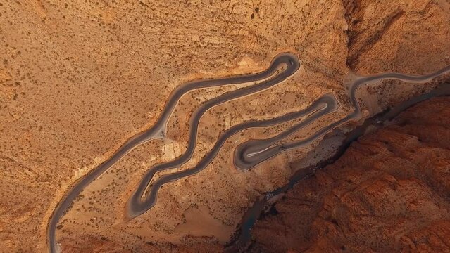 Aerial view of A sneaky Road in Dades Boulmane, Tinghir, Morocco. the most dangerous roads in the world.