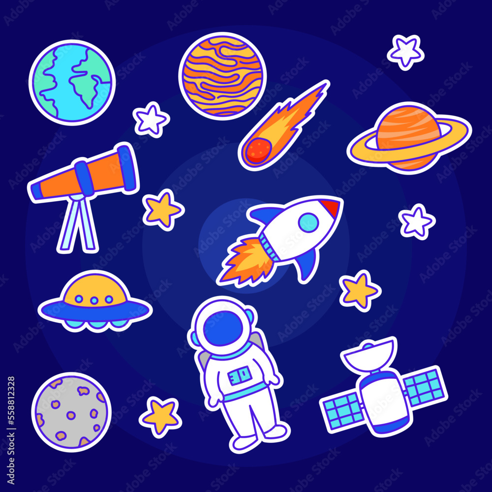 Canvas Prints set of space and astronomy vector illustrations with a colorful hand-drawn style on dark blue backgr