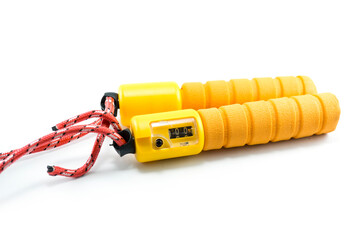 yellow jump rope with jump counter isolated on white background.